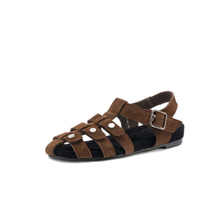 Suede Leather Closed Toe Gladiator Slingback Sandals with Hidden Wedge in Apricot/Dark Brown