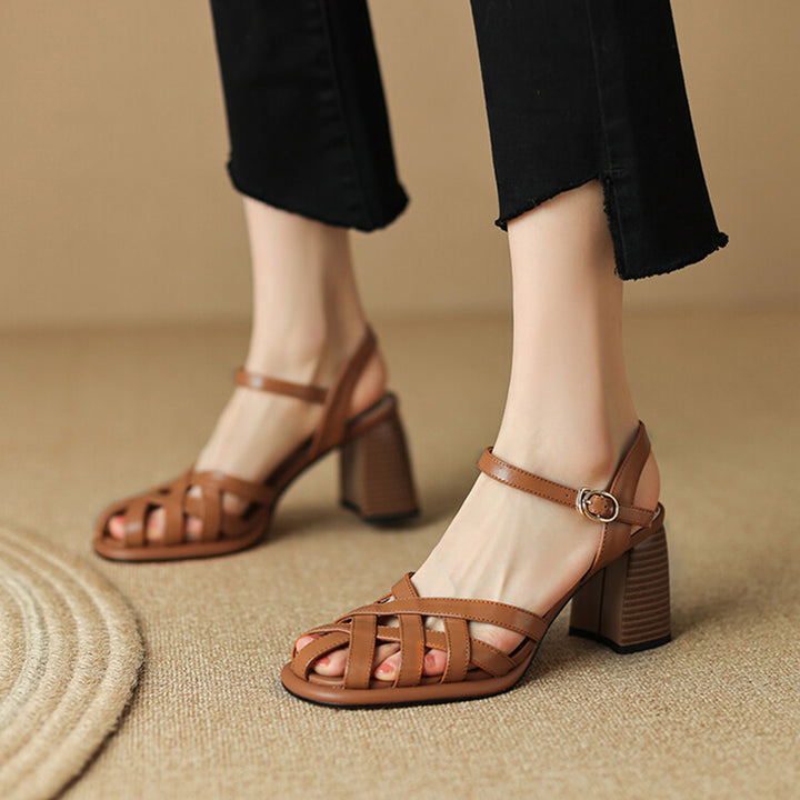 Woven Cutout Gladiator Slingback Sandals Closed Toe Chunky Heel Leather Shoes in Brown/Beige
