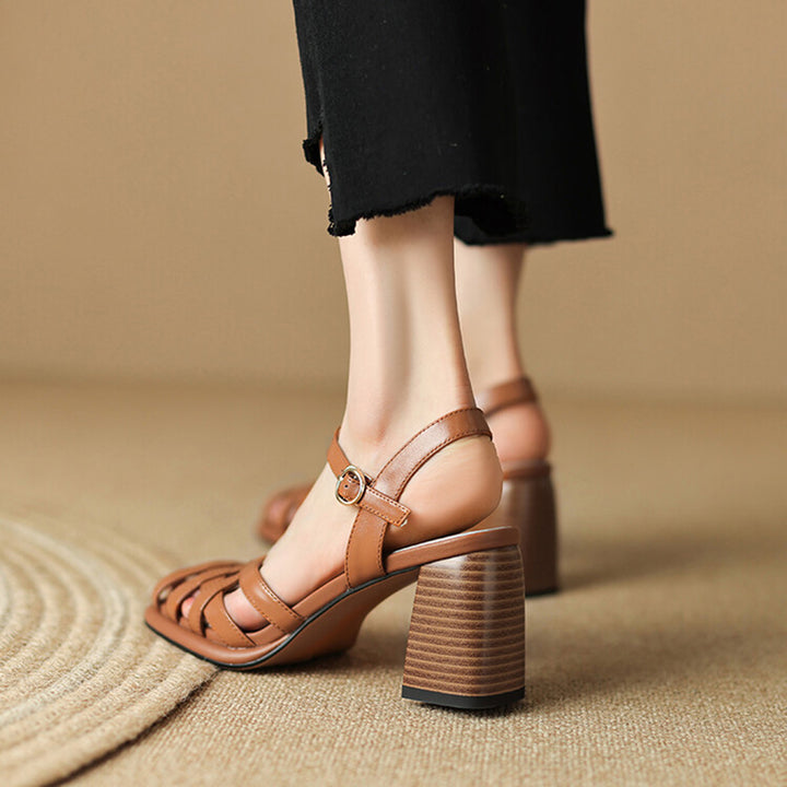 Woven Cutout Gladiator Slingback Sandals Closed Toe Chunky Heel Leather Shoes in Brown/Beige
