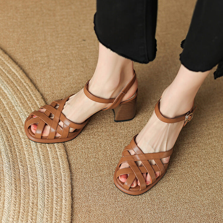 Woven Cutout Gladiator Slingback Sandals Closed Toe Chunky Heel Leather Shoes in Brown/Beige