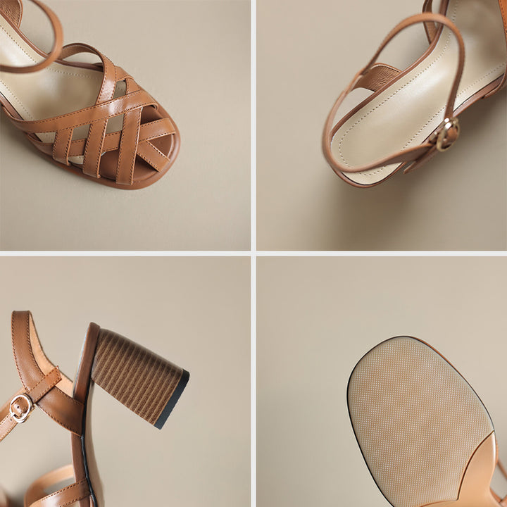 Woven Cutout Gladiator Slingback Sandals Closed Toe Chunky Heel Leather Shoes in Brown/Beige