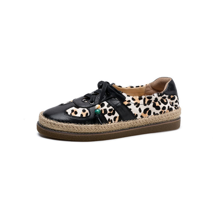 Leopard Patch Espadrille Sneakers Pony Hair Leather Lace-Up Oxford Flat Shoes in Black/Brown