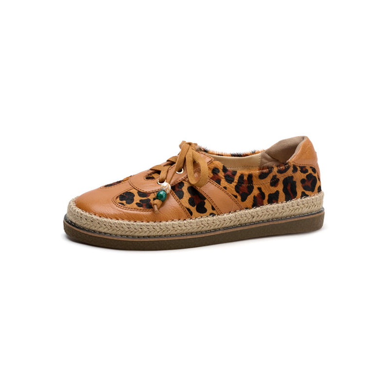Leopard Patch Espadrille Sneakers Pony Hair Leather Lace-Up Oxford Flat Shoes in Black/Brown