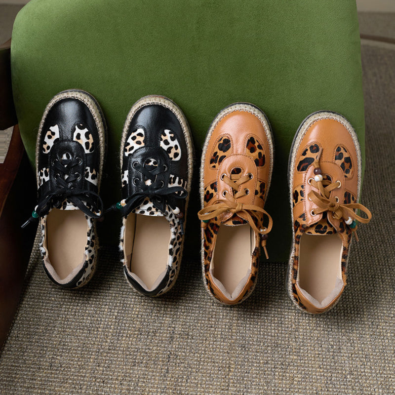 Leopard Patch Espadrille Sneakers Pony Hair Leather Lace-Up Oxford Flat Shoes in Black/Brown