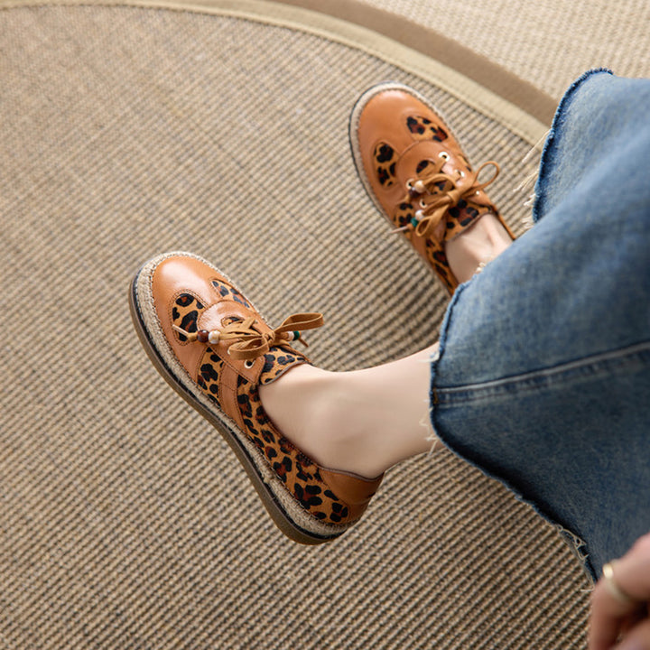Leopard Patch Espadrille Sneakers Pony Hair Leather Lace-Up Oxford Flat Shoes in Black/Brown