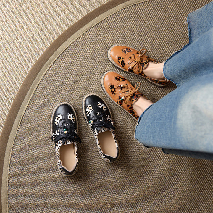Leopard Patch Espadrille Sneakers Pony Hair Leather Lace-Up Oxford Flat Shoes in Black/Brown