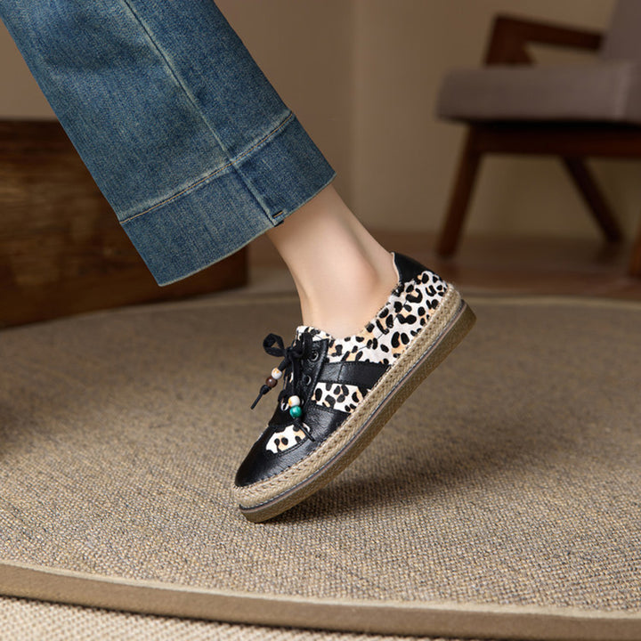 Leopard Patch Espadrille Sneakers Pony Hair Leather Lace-Up Oxford Flat Shoes in Black/Brown