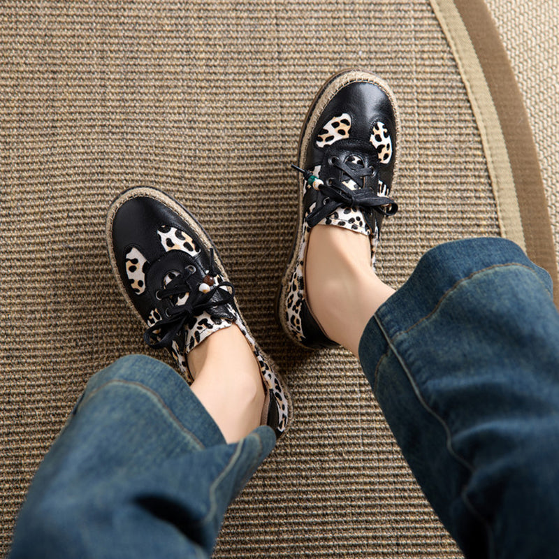 Leopard Patch Espadrille Sneakers Pony Hair Leather Lace-Up Oxford Flat Shoes in Black/Brown