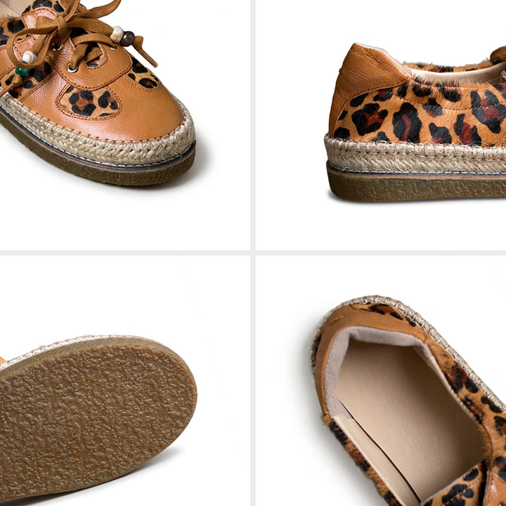 Leopard Patch Espadrille Sneakers Pony Hair Leather Lace-Up Oxford Flat Shoes in Black/Brown
