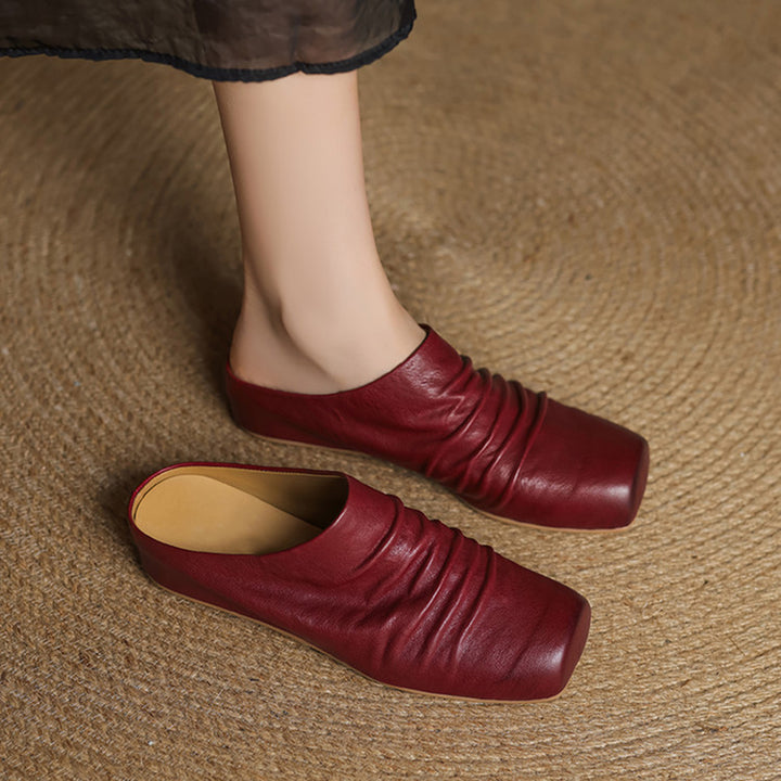 Vintage Ruched Square Toe Wedge Mules Horse Leather Platform Slip On Shoes in Wine Red/Black/Apricot