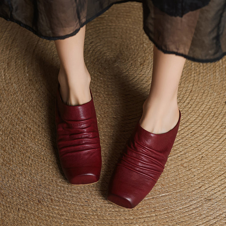 Vintage Ruched Square Toe Wedge Mules Horse Leather Platform Slip On Shoes in Wine Red/Black/Apricot