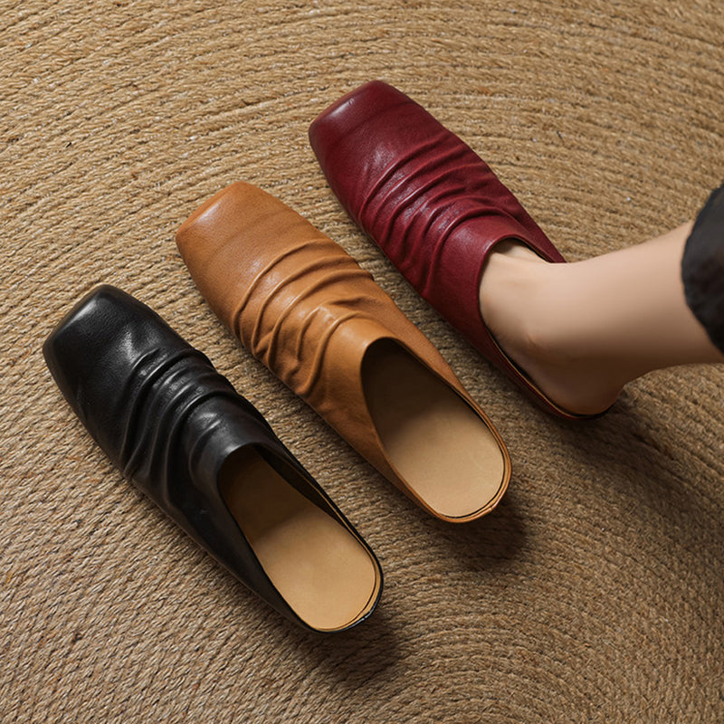 Vintage Ruched Square Toe Wedge Mules Horse Leather Platform Slip On Shoes in Wine Red/Black/Apricot