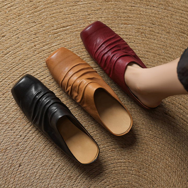 Vintage Ruched Square Toe Wedge Mules Horse Leather Platform Slip On Shoes in Wine Red/Black/Apricot