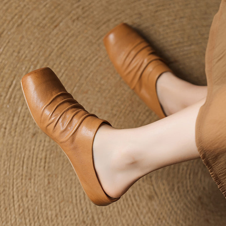 Vintage Ruched Square Toe Wedge Mules Horse Leather Platform Slip On Shoes in Wine Red/Black/Apricot