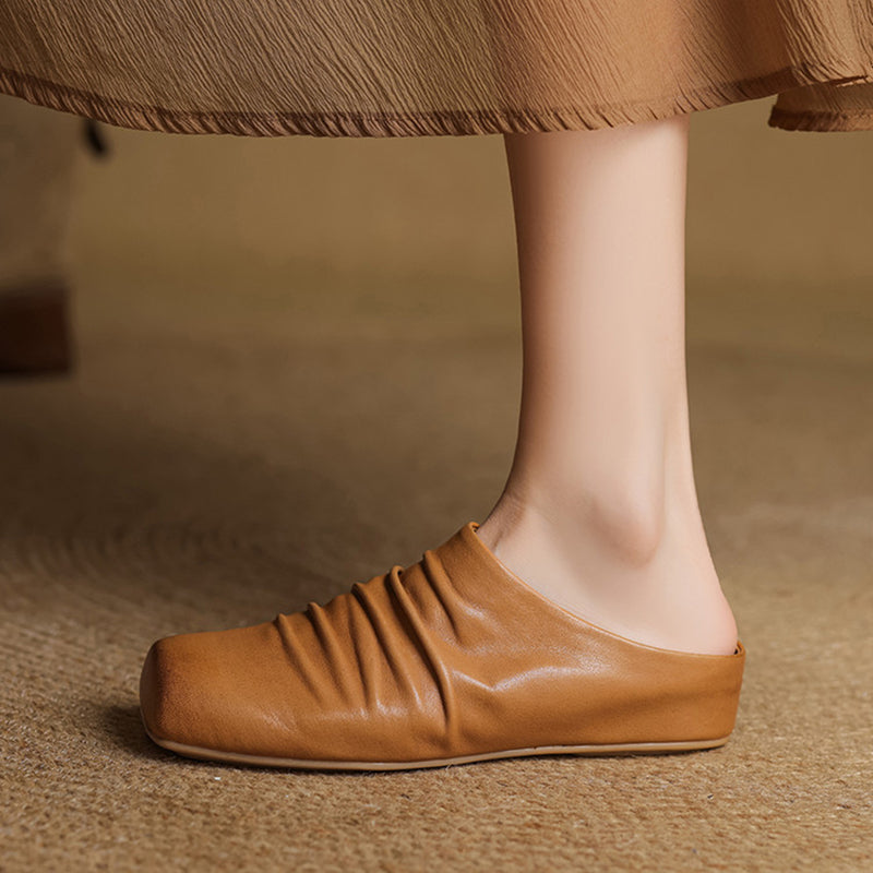 Vintage Ruched Square Toe Wedge Mules Horse Leather Platform Slip On Shoes in Wine Red/Black/Apricot