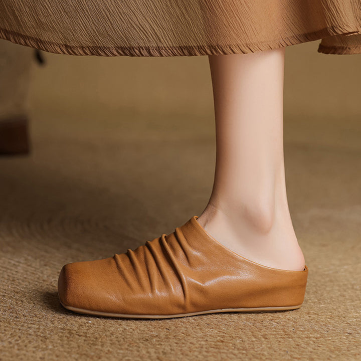Vintage Ruched Square Toe Wedge Mules Horse Leather Platform Slip On Shoes in Wine Red/Black/Apricot