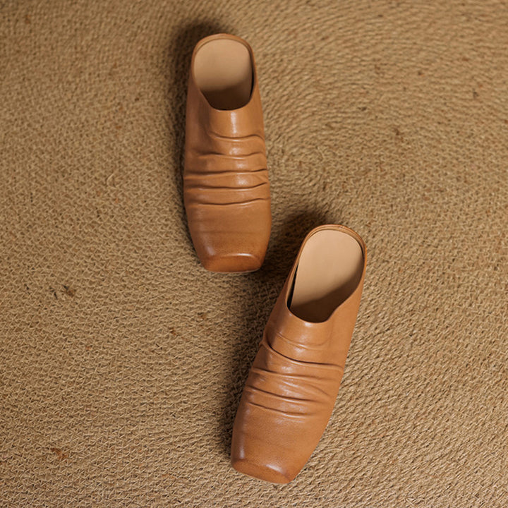 Vintage Ruched Square Toe Wedge Mules Horse Leather Platform Slip On Shoes in Wine Red/Black/Apricot