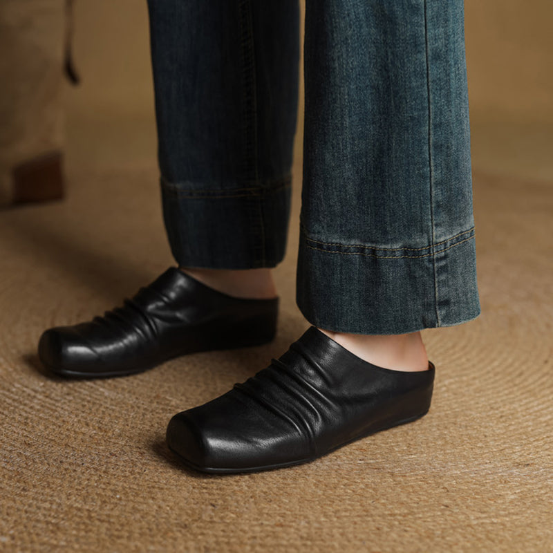 Vintage Ruched Square Toe Wedge Mules Horse Leather Platform Slip On Shoes in Wine Red/Black/Apricot
