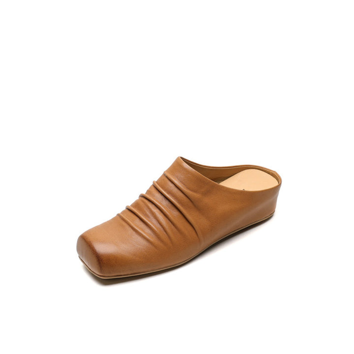 Vintage Ruched Square Toe Wedge Mules Horse Leather Platform Slip On Shoes in Wine Red/Black/Apricot