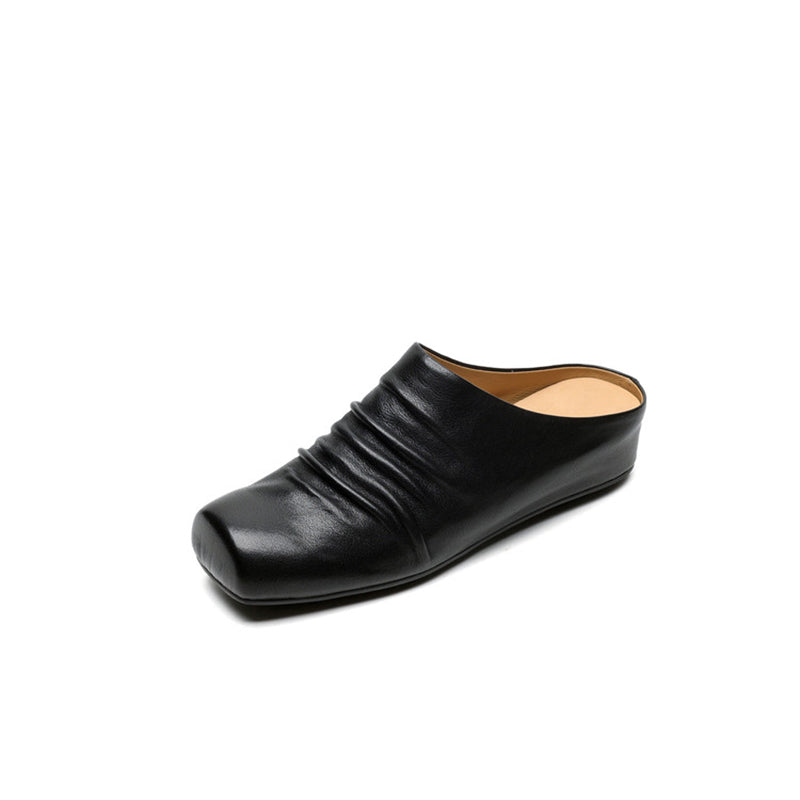 Vintage Ruched Square Toe Wedge Mules Horse Leather Platform Slip On Shoes in Wine Red/Black/Apricot