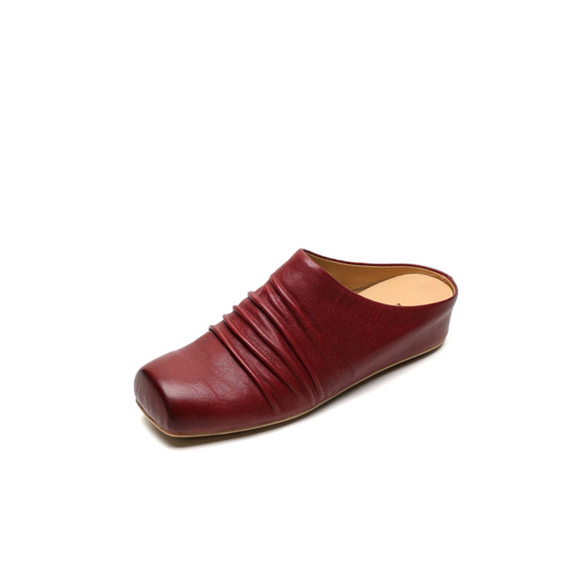 Vintage Ruched Square Toe Wedge Mules Horse Leather Platform Slip On Shoes in Wine Red/Black/Apricot