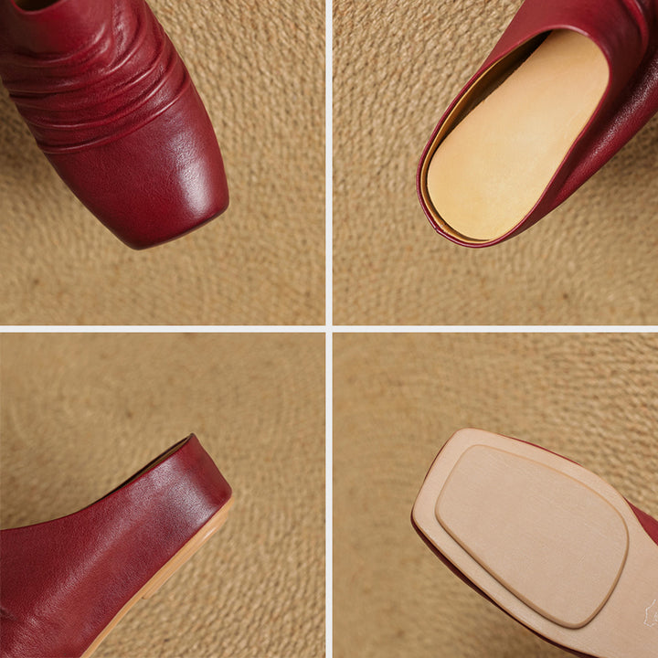 Vintage Ruched Square Toe Wedge Mules Horse Leather Platform Slip On Shoes in Wine Red/Black/Apricot