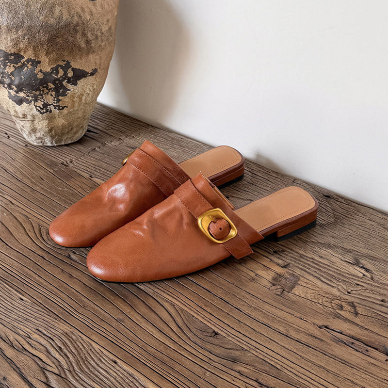 Vintage Buckle Strap Leather Mules Backless Almond Toe Low Heel Loafers in Black/Brown/Beige