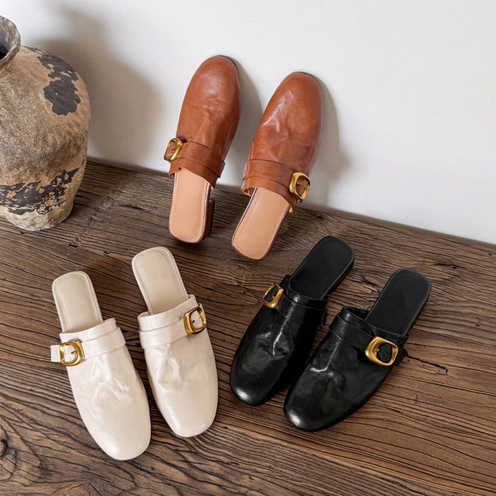 Vintage Buckle Strap Leather Mules Backless Almond Toe Low Heel Loafers in Black/Brown/Beige