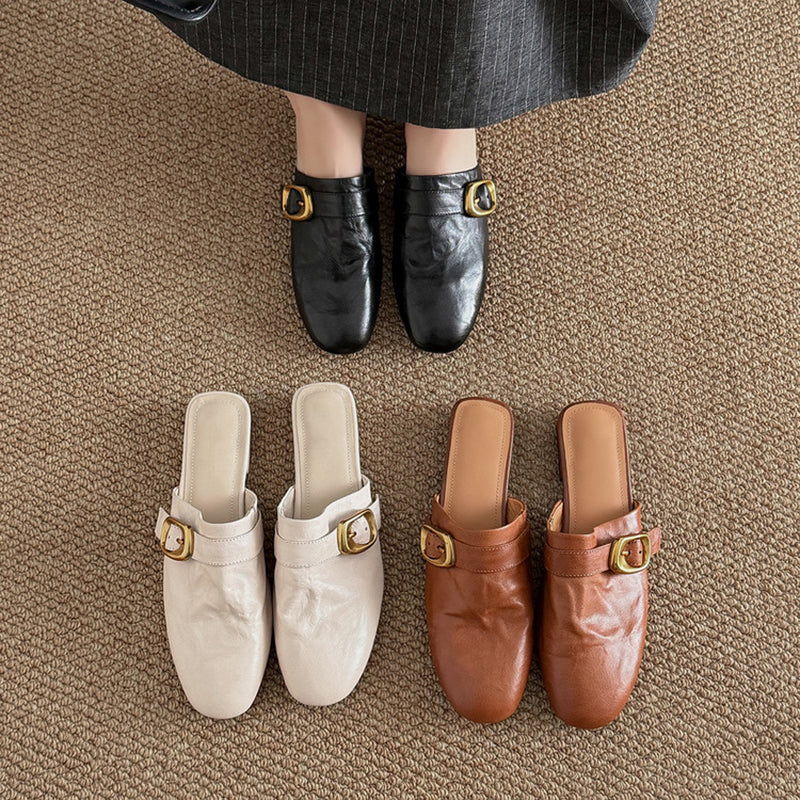 Vintage Buckle Strap Leather Mules Backless Almond Toe Low Heel Loafers in Black/Brown/Beige