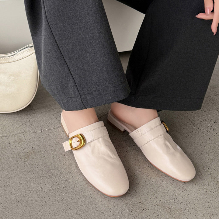 Vintage Buckle Strap Leather Mules Backless Almond Toe Low Heel Loafers in Black/Brown/Beige