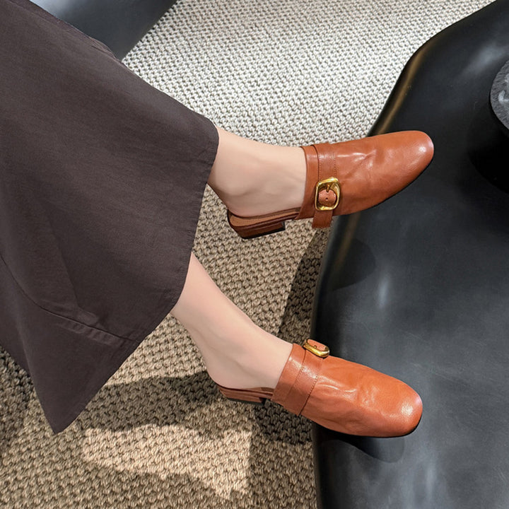 Vintage Buckle Strap Leather Mules Backless Almond Toe Low Heel Loafers in Black/Brown/Beige