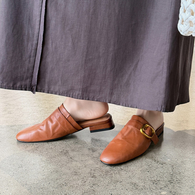 Vintage Buckle Strap Leather Mules Backless Almond Toe Low Heel Loafers in Black/Brown/Beige