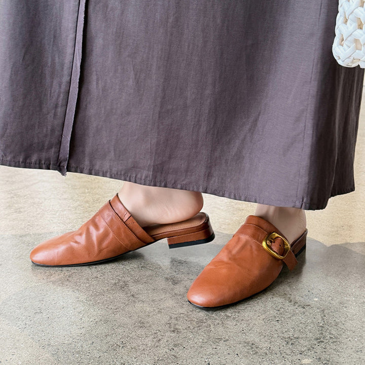 Vintage Buckle Strap Leather Mules Backless Almond Toe Low Heel Loafers in Black/Brown/Beige