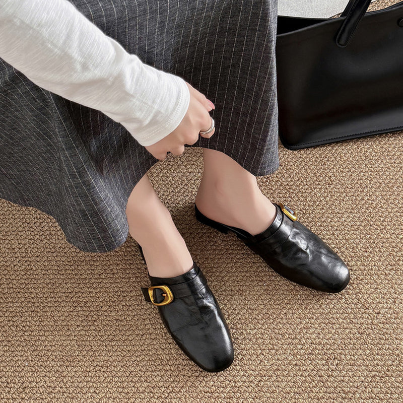 Vintage Buckle Strap Leather Mules Backless Almond Toe Low Heel Loafers in Black/Brown/Beige