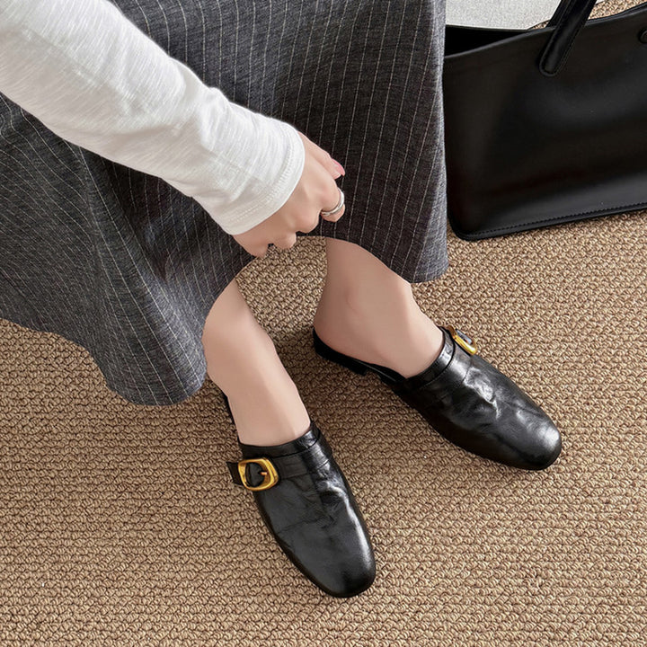 Vintage Buckle Strap Leather Mules Backless Almond Toe Low Heel Loafers in Black/Brown/Beige