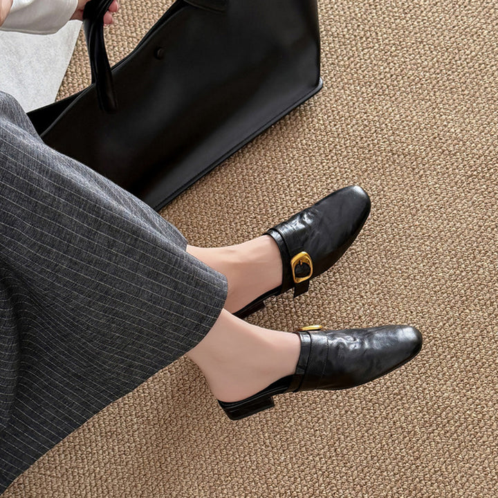 Vintage Buckle Strap Leather Mules Backless Almond Toe Low Heel Loafers in Black/Brown/Beige