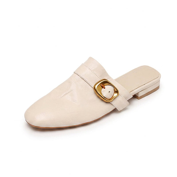 Vintage Buckle Strap Leather Mules Backless Almond Toe Low Heel Loafers in Black/Brown/Beige