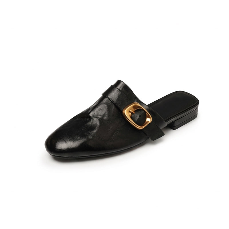 Vintage Buckle Strap Leather Mules Backless Almond Toe Low Heel Loafers in Black/Brown/Beige