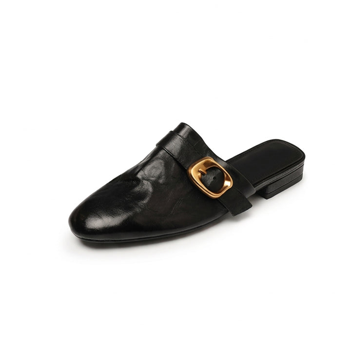 Vintage Buckle Strap Leather Mules Backless Almond Toe Low Heel Loafers in Black/Brown/Beige
