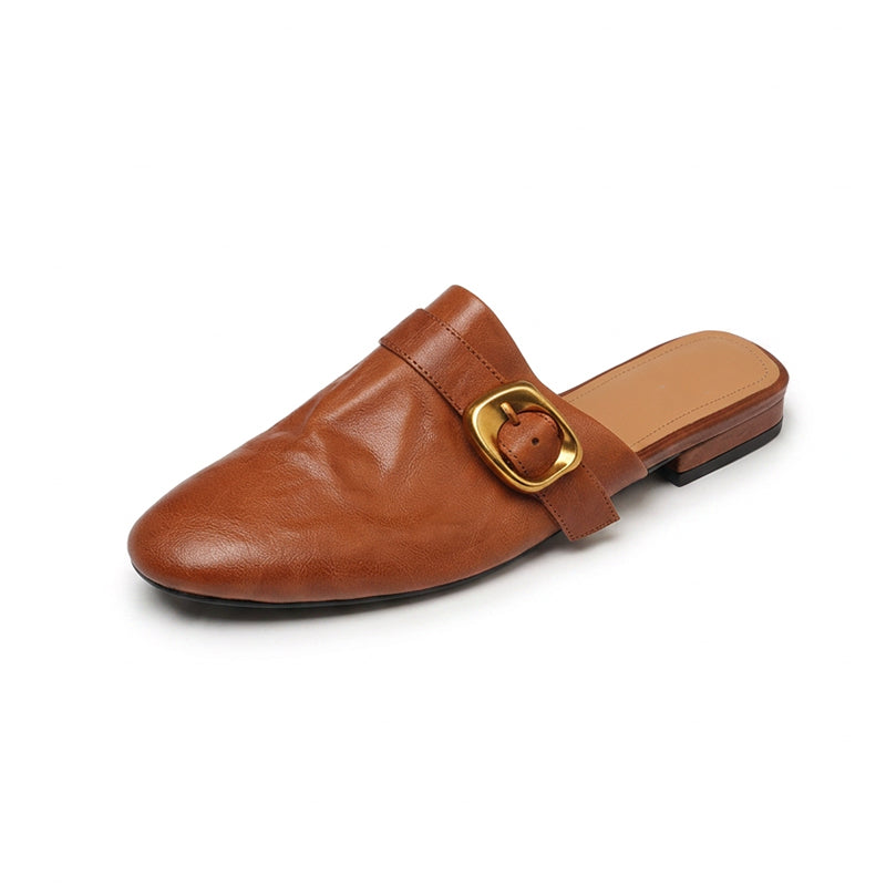 Vintage Buckle Strap Leather Mules Backless Almond Toe Low Heel Loafers in Black/Brown/Beige