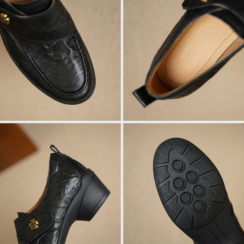 Vintage Water-Dyed and-textured Sheepskin Pumps Velcro Block Heel Comfort Shoes in Gray/Black