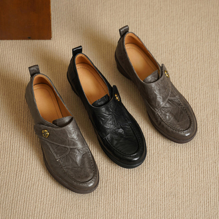 Vintage Water-Dyed and-textured Sheepskin Pumps Velcro Block Heel Comfort Shoes in Gray/Black