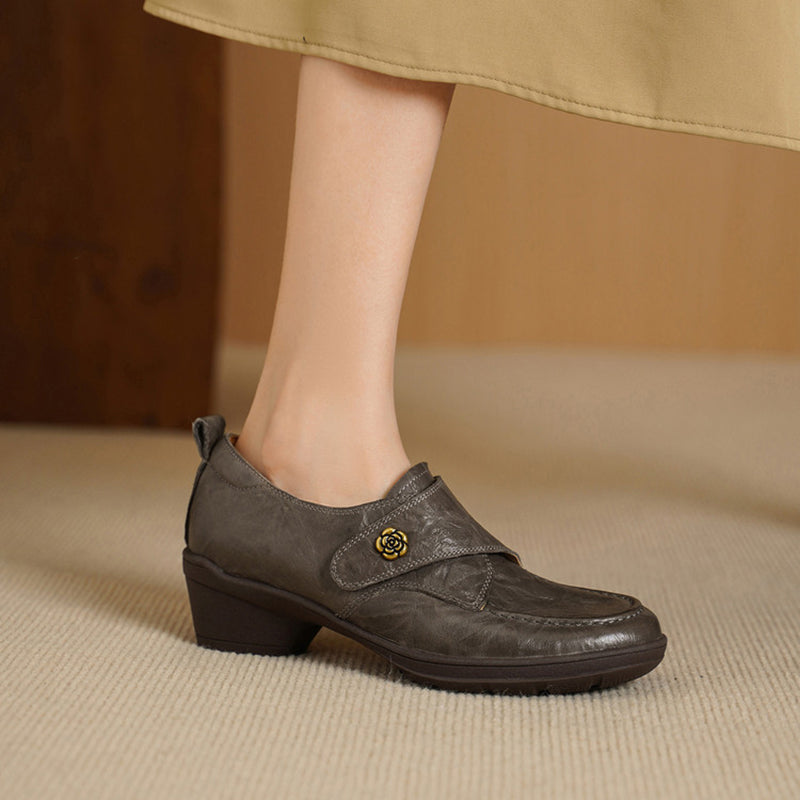 Vintage Water-Dyed and-textured Sheepskin Pumps Velcro Block Heel Comfort Shoes in Gray/Black
