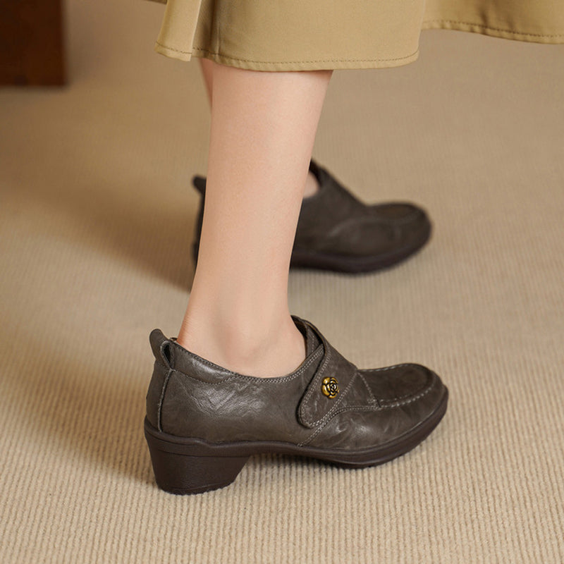 Vintage Water-Dyed and-textured Sheepskin Pumps Velcro Block Heel Comfort Shoes in Gray/Black