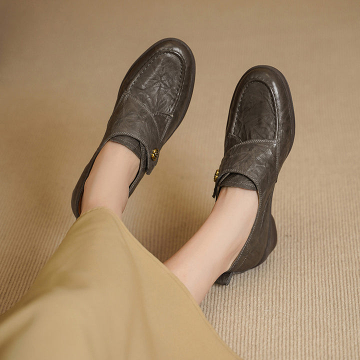 Vintage Water-Dyed and-textured Sheepskin Pumps Velcro Block Heel Comfort Shoes in Gray/Black