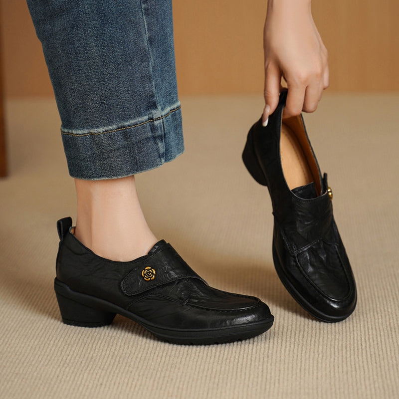 Vintage Water-Dyed and-textured Sheepskin Pumps Velcro Block Heel Comfort Shoes in Gray/Black