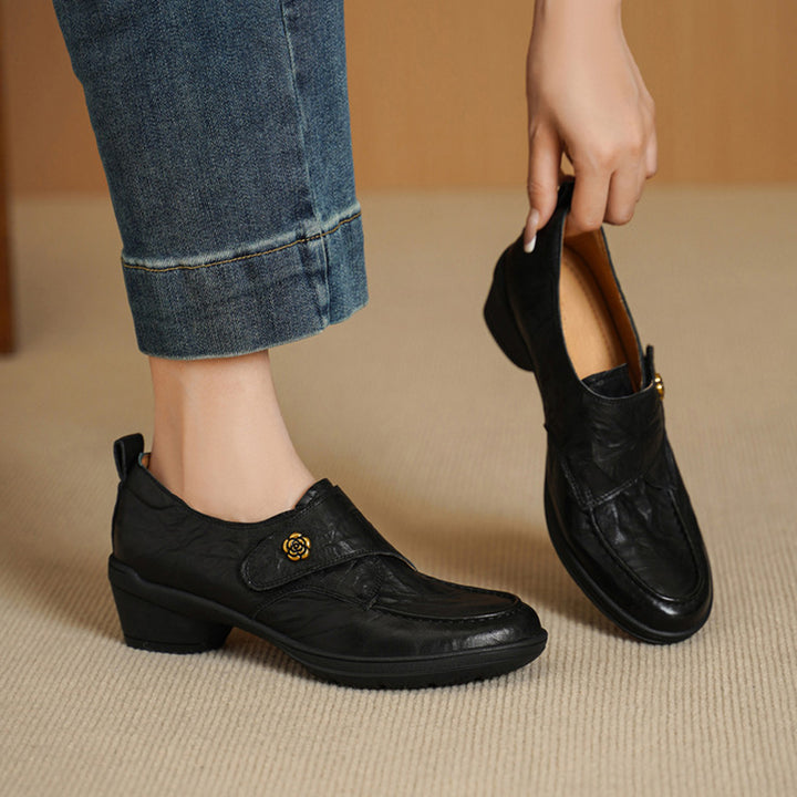 Vintage Water-Dyed and-textured Sheepskin Pumps Velcro Block Heel Comfort Shoes in Gray/Black