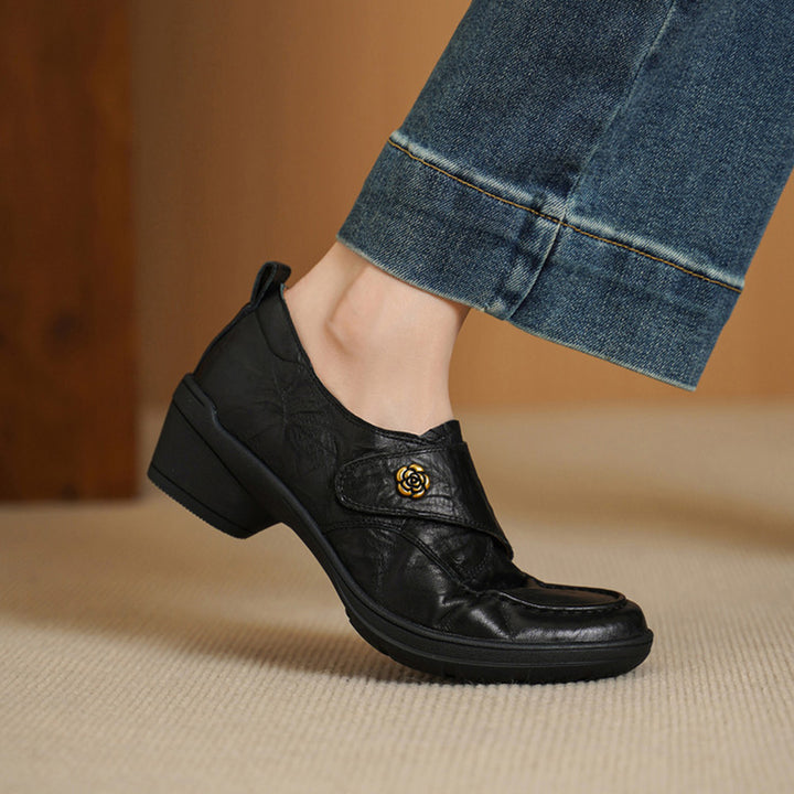 Vintage Water-Dyed and-textured Sheepskin Pumps Velcro Block Heel Comfort Shoes in Gray/Black