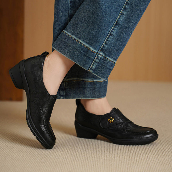 Vintage Water-Dyed and-textured Sheepskin Pumps Velcro Block Heel Comfort Shoes in Gray/Black