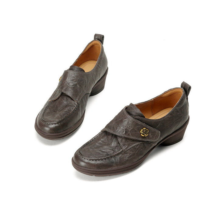 Vintage Water-Dyed and-textured Sheepskin Pumps Velcro Block Heel Comfort Shoes in Gray/Black
